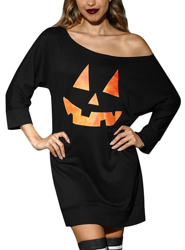 For G and PL Camiseta de fiesta de Halloween para mujer, hombros descubiertos, manga 3/4, tallas S-XXL, Cara de calabaza negra, M