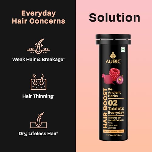 Image of Auric Hair Boost Effervescent Tablets 40 Count | Ayurvedic Formula for Hair Fall Control | Biotin, Zinc, Beetroot & Grapeseed Extracts & Herbal Extracts | Hair Growth & Strength Support