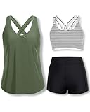 Holipick Black Striped 3 Piece Tankini Swimsuits for Women Tummy Control Bathing Suits Swim Tank Top with Bra Boy Shorts Teen Swimwear L