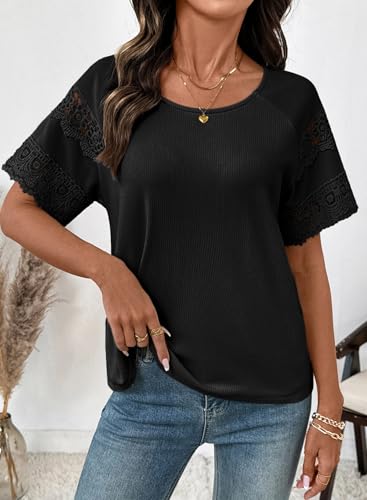Image of EVALESS Womens Summer Tops Dressy Casual Spring Ribbed Texture Embroidery Short Sleeve Crewneck T Shirts