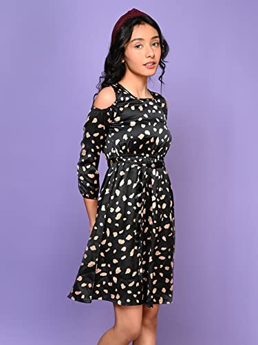 Image of LILPICKS Girls All Over Polka Printed Cold Shoulder Fit n Flare Dress (Black)