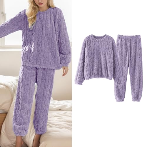 XINGJIAARTS Winter Pajamas For Women Set Flannel Warm Loungewear Soft Fuzzy Fleece Warm Pjs Pullover Sleepwear Lounge Sets Purple One Size - image 2
