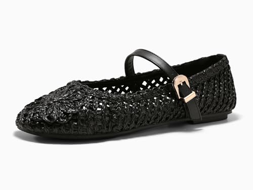 Image of Coutgo Womens Mary Jane Woven Flats Round Toe Ballet Flats Dressy Comfortable Slip On Shoes