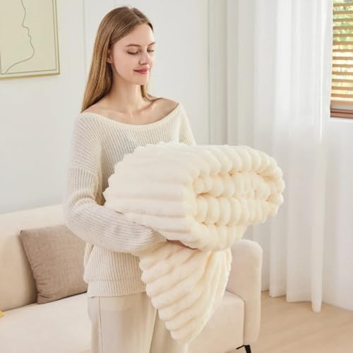 Couverture polaire douce et chaude en velours côtelé blanc pour lit et canapé