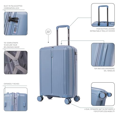 DUKAP AIRLEY Expandable Carry On Luggage with Spinner Wheels | 20 in TSA Approved Hard Shell Travel Suitcase with Combination Lock Retractable Trolley Side Studs and Gel Handles | Blue3