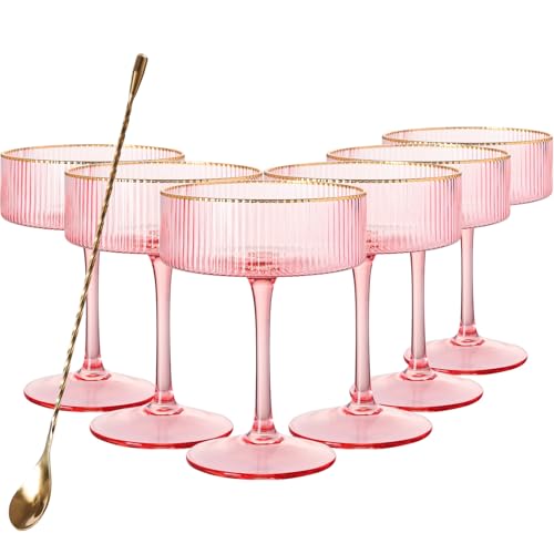 Pink Martini Glasses Set of 6-10oz with Gold Rims,Crystal Hand Blown Colored Cocktail Glasses Set,Colorful Couple Glass Set for Martini,Cocktail & Champagne