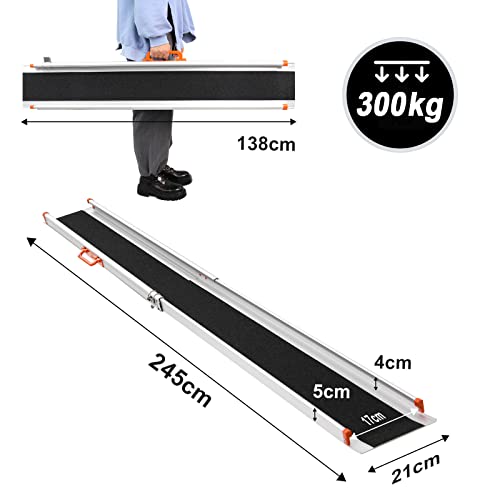 LIEKUMM 2 x 138â244 cm Rollstuhlrampe für Treppen, 300 kg Tragkraft Rollstuhlrampe für Rollstuhl & Scooter, Auffahrrampe für Türschwellen, Bordsteine, Stufen, Elektro-rollstühle, Fahrräder – Bild 3