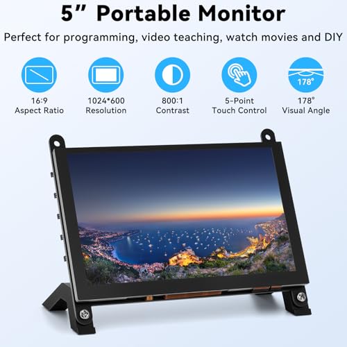 Image of 5 Inch Mini Monitor Small Monitor with Capacitive Touch Screen 1024 * 600 High Pixel Display Full View HDMI- IPS Monitors Portable for Raspberry Piscreen 、for BB Black、for Banana Pi etc