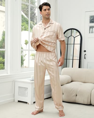 GAESHOW Mens Silk Pajama Set, Short Sleeve Silk Satin Pajamas for Men Soft Mens Loungewear Sets 2 Piece Button Down Pjs Set4