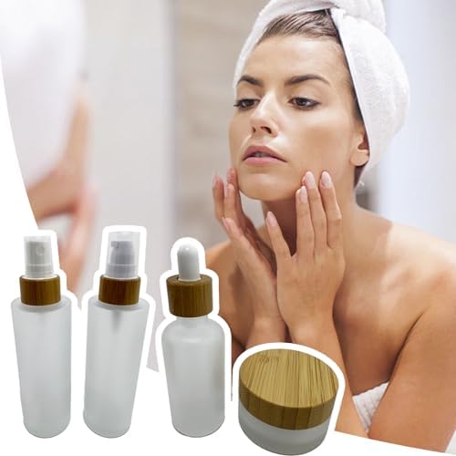 Empty Refillable Frosted Glass Cosmetic Containers with Bamboo Cover - 5 Pack, Spray Bottle, Lotion Pump, Dropper, Roller and Cream Jar for Cosmetic Storage with Tray3