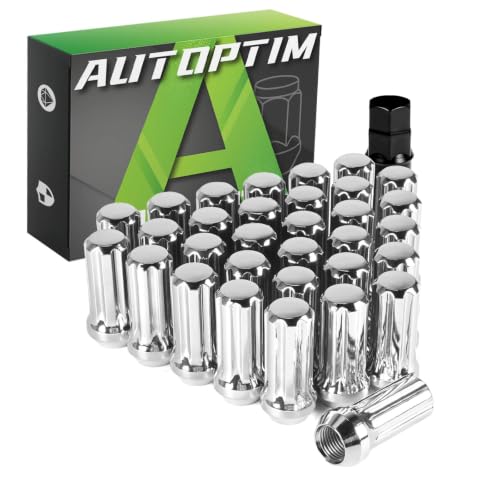 Image of AUTOPTIM M14x2.0 Spline Lug Nut - 32 Pcs Chrome Closed End Nuts with Socket | Replacement for 1999-2004 Ford F-250 Super Duty F-350 Super Duty Aftermarket Wheel, 7 Point Conical Seat Lug Nuts