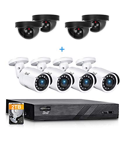 BNT 8CH 5MP PoE Home Security Camera System, 4pcs Wired 5MP PoE Outdoor IP Cameras, 4Pcs Dummy Security Camera, 4K 8-Channel NVR Security System with 2TB HDD for 24/7 Camera Recording
