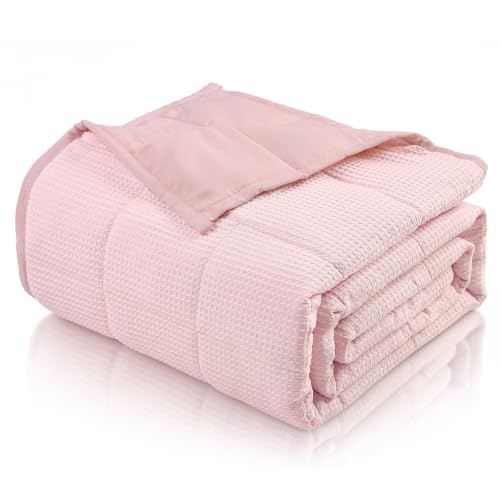 Image of Cooling Weighted Blanket for Adults, 12lbs 48 x 72 for Summer | Cozy and Breathable Waffle; Soft; Machine Washable; Filled with Glass Beads; Heavy Throw for Hot Sleepers in Bed; Pink