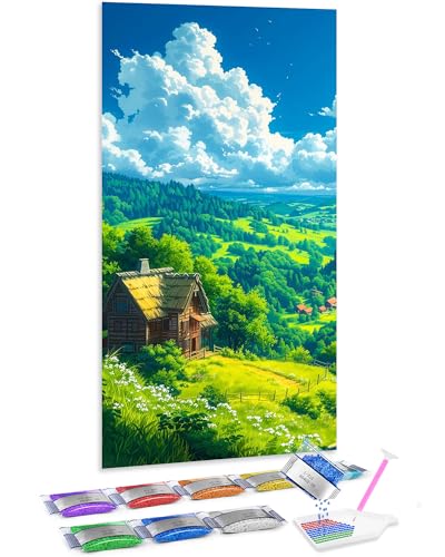 Punto de cruz diamante de gran formato 70x40 cm con diseño de casa en la colina para adultos