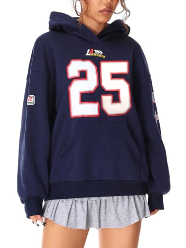 Moletom feminino com capuz Y2k com estampa de números, manga comprida, pulôver casual, Azul escuro, M