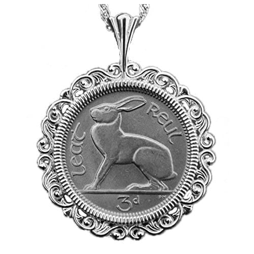 1967 Irish Ireland 3 Pence Hare Rabbit BU Uncirculated Coin Solid 925 Sterling Silver Necklace 18" Chain
