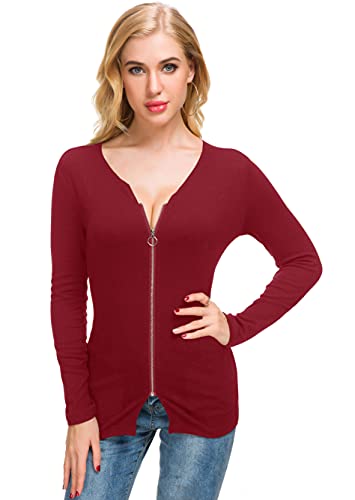 Image of Afibi Women V Neck Zip Front Long Sleeve Casual Top Blouse Shirt /Cardigan