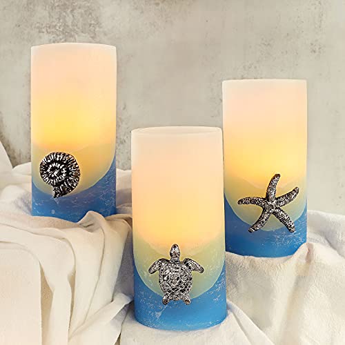 Image of Blue Flameless Candles, Nautical Themed Starfish, Conch, Seahorse Flickering Flameless Candles with Timer, Remote Set of 3 Pillar Led Candles for Wedding,Bedroom,Party,Gift