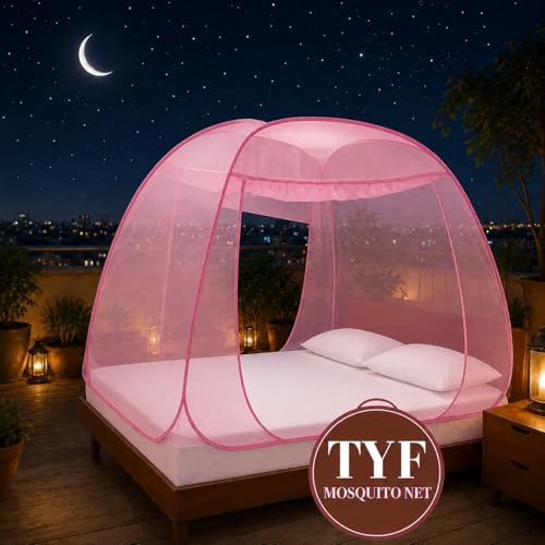 Image of TYF Mosquito Net for Bed Made with Polyester Material | Foldable Mesh Design | Lightweight and Portable Structure | Carry for Indoor Sleeping Spaces, Pink (6.15 Feet X 6.15 Feet) Double Bed