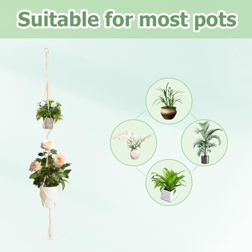 Surplex Macramé Hangmand, set van 5 Boho Decoratieve Katoenen Touw Plantenhangers, Bloempot Plantenhouder met Haken voor Binnen Buiten Tuin Plafond, Balkon, Muur, Woondecoraties, Beige - Afbeelding 5