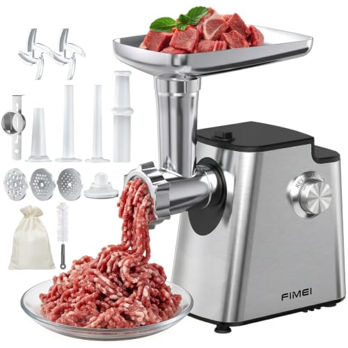 FIMEI Electric Meat Grinder Meat Mincer with 2 Stainless Steel Blades 3 Grinding Plates 3 Sausage Maker Kibbeh Attachment & Cookie Maker Food Grinder for Home Kitchen with Storage Bag and Brush