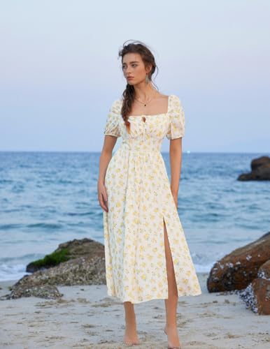 Image of Scarlet Darkness Women's Floral Corset Dress with Split 2026 Summer Spring Square Neck Midi Milkmaid Dresses