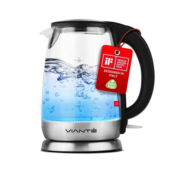 Glass Electric Tea Kettle. Fast Water Boiler. BPA-FREE Stainless Steel & Borosilicate Glass. Designed in Italy. 8 Cups Capacity. 1.7 Liters by Vianté