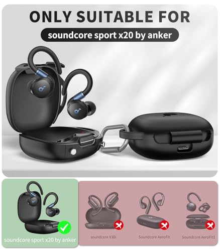 Image of for[Newest Secure Lock] Soundcore Sport X20 Case Cover, Soft Silicone Protective Scratch Resistant Logo Visible Design Cover for Soundcore Sport X20 by Anker Charging Case with Carabiner-Black