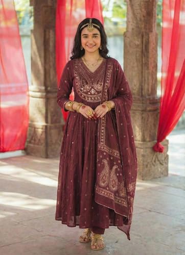 Image of GoSriKi Rust Anarkali Kurta Set for Women with Dupatta | Cotton Kurti Set for Woman | Embroidered Anarkali Suit for Women Kurti Pant Set with Dupatta | Suit Set for Women Latest