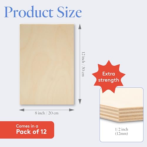 image for Baltic Birch Plywood 8 x 12 x 1/2 Inch - 12 mm Craft Wood, Pack of 12 
