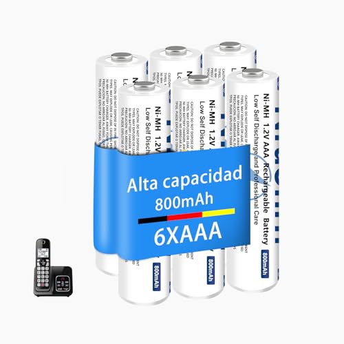 Pilas Recargables AAA 800 mAh, 1,2 V para Gigaset Teléfonos Inalámbricos，AAA Ni MH Baterías Recargables para Panosonic Teléfonos Inalámbricos，Equipos Domésticos，Baja Autodescarga (6 Piezas)