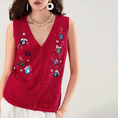 Image of KMBANGI Women Christmas Button Sweater Vest Embroidery Sleeveless Cardigan