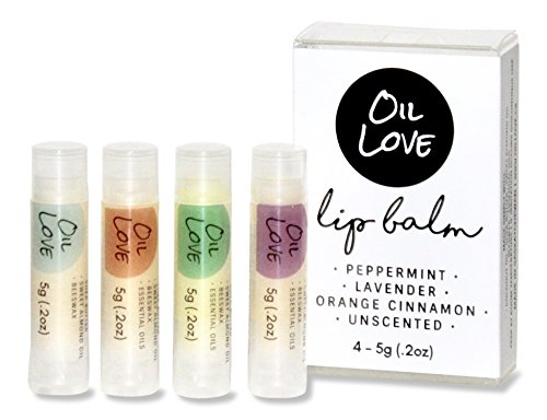 Oil Love Essential Oil Infused Lip Balm 4PK Flavours Included - Peppermint - Lavender - Orange Cinnamon - Unscented - Handmade with Organic Ingredients Only -