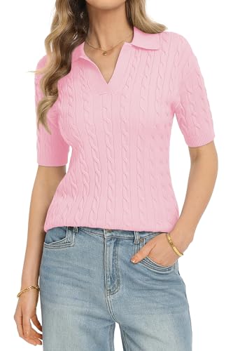 Image of QUALFORT Cable Knit Women's Short Sleeve Sweater Soft V Neck Polo Tops