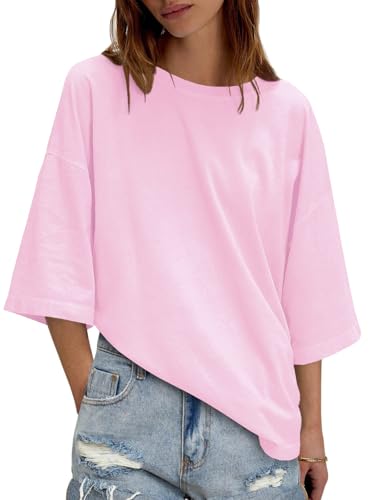 Image of UNCLECAT Womens Oversized Half Sleeve T Shirts Summer Tops Trendy Crew Neck Loose Fit Workout Tee Clothes Pink