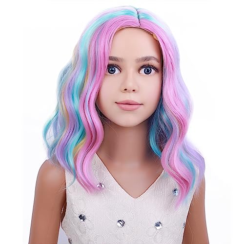 Image of PATTNIUM Kids Child Rainbow Wig Short Wavy Colorful Wig Multicolor Wigs Girls Synthetic Cosplay Halloween Party Costume Wigs