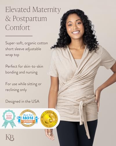 Kindred Bravely Short Sleeve Skin to Skin Nursing Wrap Top, Kangaroo Shirt for Mom and Baby, Organic Cotton (Oatmeal Heather, Small)3