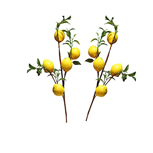 Firlar 2 Pcs Artificial Lemon Branches, 20Inch Yellow Fake Lemon Flower Branch, Artificial Floral Picks Faux Lemon Tree Stem Vivid Plant Fruit Bouquet For Farmhouse Table Kitchen Festival Party Decor #TOP16