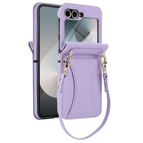Coque Samsung Z Flip 7 en cuir violet avec dragonne de poignet protectrice