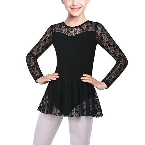 Sunny Fashion Girls Dress Basic Leotard Lace Long Sleeve Ballet Dance Gymnastic