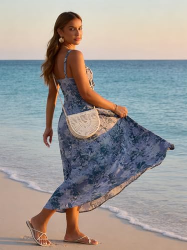 Image of YATHON Women's Summer Midi Corset Boho Dresses Spring Casual Floral Spaghetti Straps Lace Up Dress Flowy Aline Beach Sundress