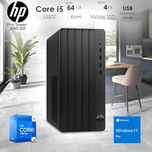 Image of HP Desktop Computer Tower PC, Intel i5-12500T 6-Core, 64GB RAM, 2TB SSD | Windows 11 Home, WiFi, Bluetooth, HDMI, Business Ready with Keyboard Mouse, Jet Black