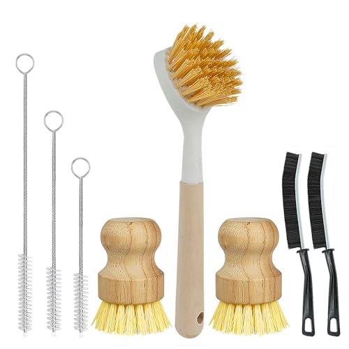 Image of 8 Pack Dish Brush Kitchen Cleaning Set with Long Handle Dish Scrubbers, Palm Scrub Brush，Crevice Cleaning Brushes and Straw Brushs - Perfect for Non-Stick Pans, Sinks, Glasses, Skillets