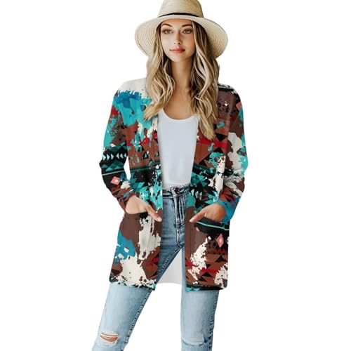 Image of Women's Aztec Open-Front Jacket Lightweight Casual Outerwear Native Western Aztec Pattern & Plaid Houndstooth Print