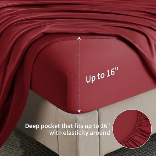 Image of Shilucheng 6 Piece California King Sheet Sets, Cooling Sheets, Blend Rayon Derived from Bamboo, Deep Pocket Up to 16 inch, Breathable & Soft Bed Sheets, Hotel Silky Bedding Set, Burgundy