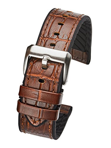 ALPINE Genuine alligator grain leather watch band with silicone lining - Brown - 20 mm