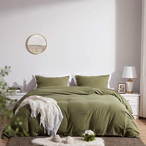 SunStyle Home Queen Size Duvet Cover Set with Buttons Closure Olive Green, 3 Pieces Solid Color Ultra Soft Skin-Friendly Comforter Cover Set (1 Duvet Cover +2 Pillowcases)