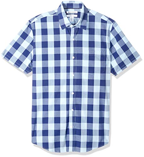 Amazon Essentials Men's Slim-Fit Short-Sleeve Check Casual Poplin Shirt, Blue Buffalo, Large