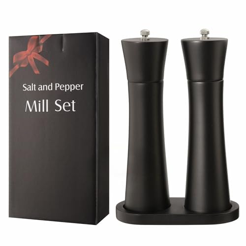 Black Salt and Pepper Mill Set with Stand, 8.5 inch,