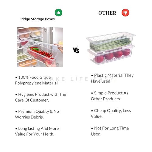 Image of Plastic Transparent Fridge Storage Boxes Organizer with Removable Drain Plate Storage Containers Box Keeps Fruits, Vegetables, Meat, Fish Fresh Longer (White, 1500-ML, Medium, Pack of 1)